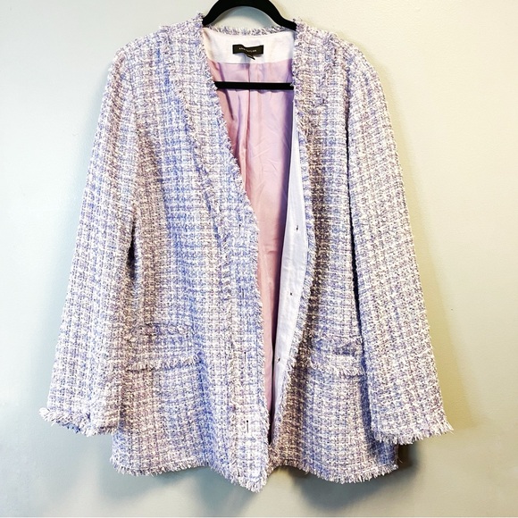 Ann Taylor Blazer Lavender Fringe Tweed Cardigan Jacket Sz 16 EUC Purple Plaid - Picture 8 of 13